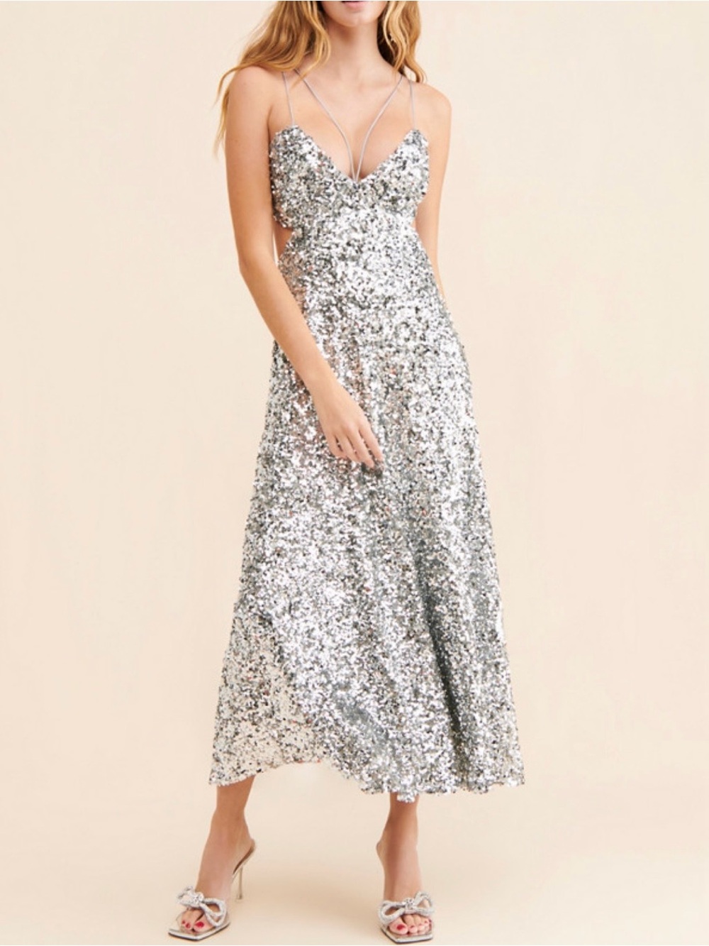 Sachin+ Babi Roux Silver Sequin Midaxi Dress 10 Cutout Back Open Back